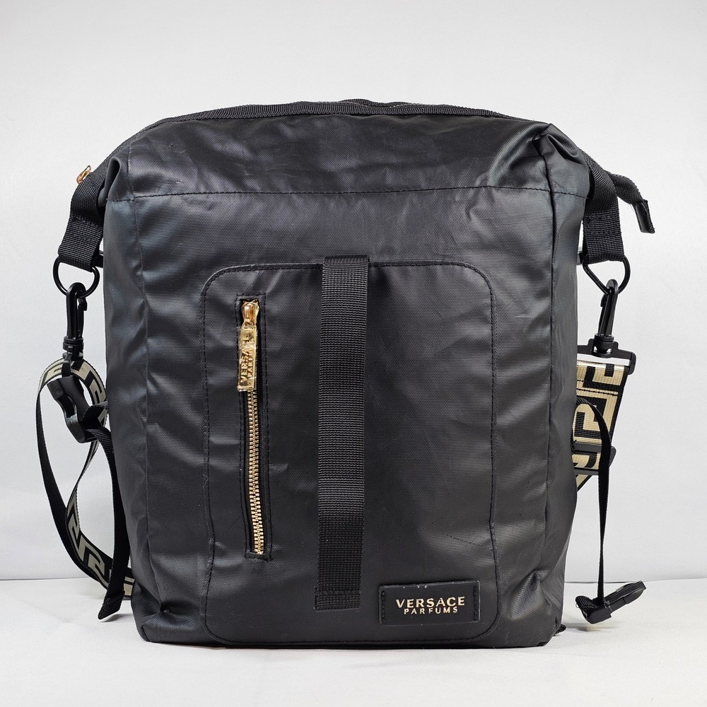 Versace Parfums Black Nylon Backpack Greek Key Greca Strap Messenger Bag AS IS